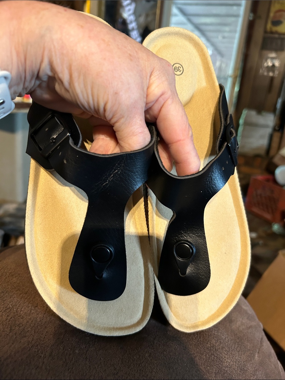 Men's Black Toe-Post Sandals with Cushioned Beige Footbed
